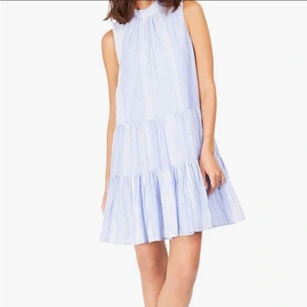 Calvin Klein Chambray White Striped Ruffle Tiered Sleeveless Dress Women Size 12